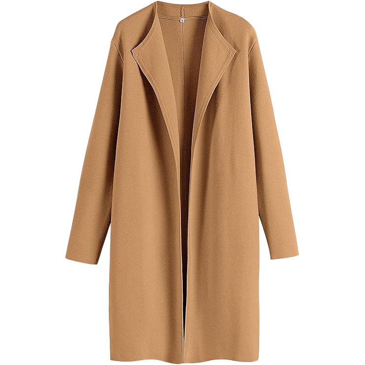 A long, camel-colored open-front coat with a minimalist design and no visible closures.