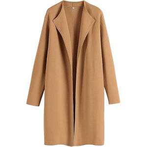 A long, camel-colored open-front coat with a minimalist design and no visible closures.