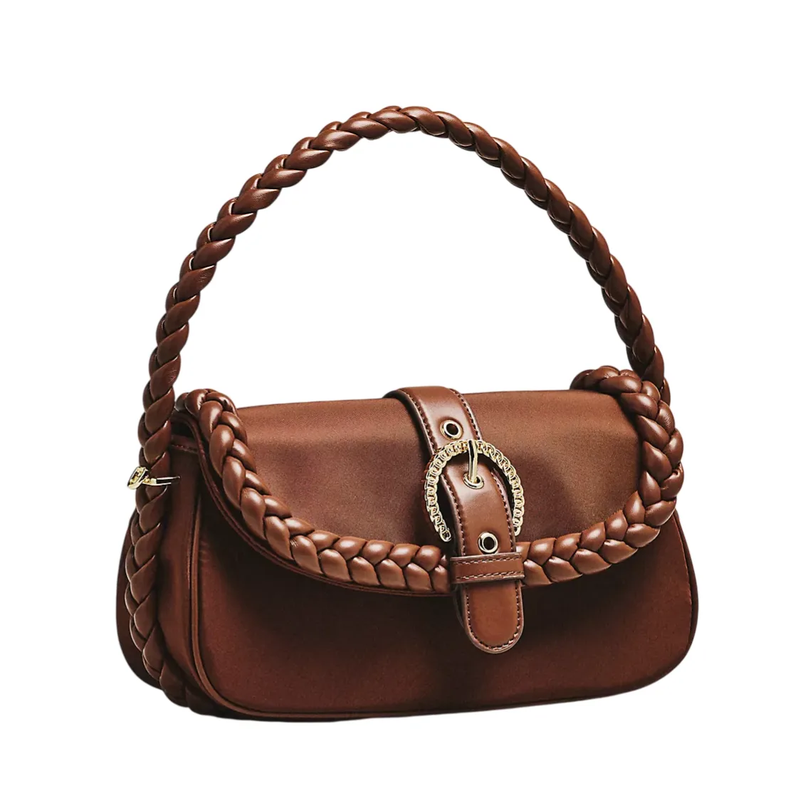 A brown handbag with braided handle and trim, featuring a gold buckle on the front flap.