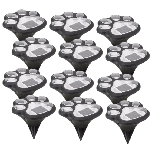 Set of solar-powered outdoor lights designed to look like paw prints, each featuring a ground stake for easy installation.