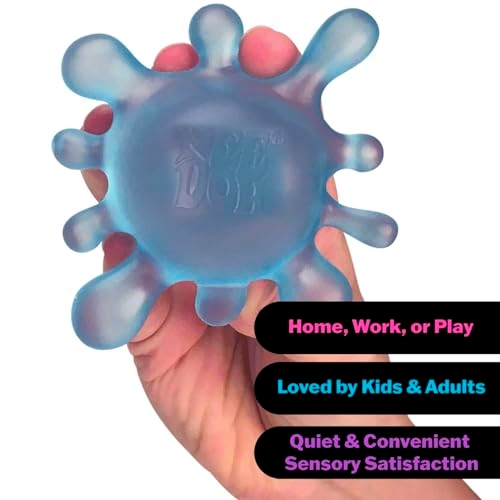 A hand holds a blue squishy stress ball with protrusions, designed for sensory satisfaction, suitable for home, work, or play, and enjoyed by both kids and adults.