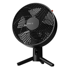 A black Vornado Spin 12 Oscillating Desk Fan with a spiral grille design. It features a compact three-leg stand and a central control button, suitable for efficient airflow and modern decor.