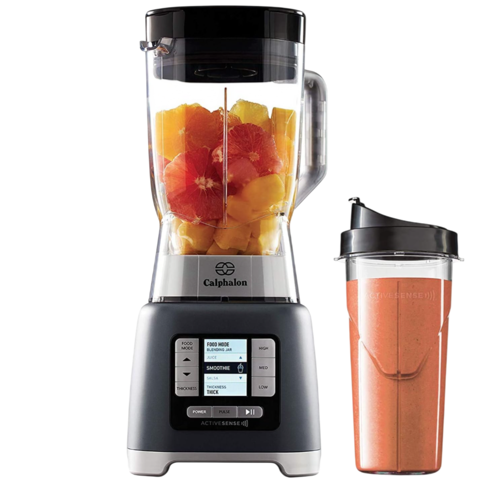 Calphalon blender with pre-programmed settings like smoothie and juice, shown with a blending jar containing fruit and a separate cup with a finished smoothie.