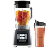 Calphalon blender with pre-programmed settings like smoothie and juice, shown with a blending jar containing fruit and a separate cup with a finished smoothie.