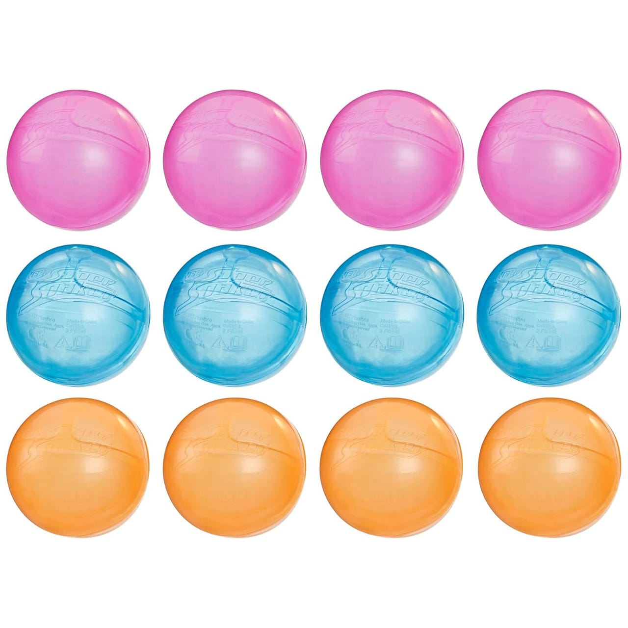 A 12-pack of Nerf HydroBalls includes four pink, four blue, and four orange balls, each designed for water play.