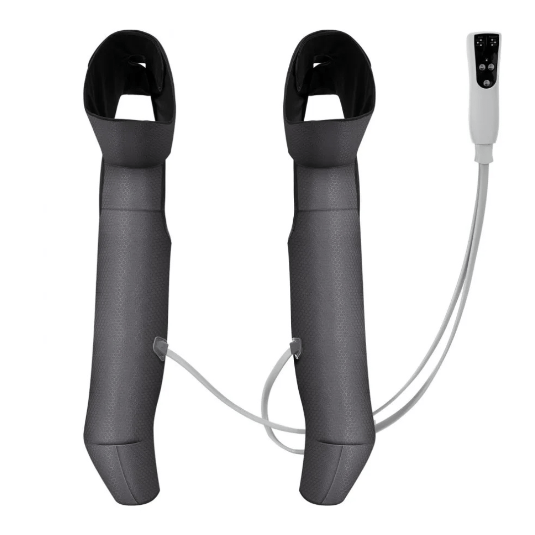A pair of leg massagers with a remote control, designed for massage and compression therapy. They feature tubing for air pressure adjustment and are likely used for relaxation or improving circulation.