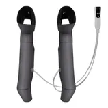 A pair of leg massagers with a remote control, designed for massage and compression therapy. They feature tubing for air pressure adjustment and are likely used for relaxation or improving circulation.