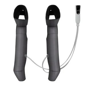 A pair of leg massagers with a remote control, designed for massage and compression therapy. They feature tubing for air pressure adjustment and are likely used for relaxation or improving circulation.