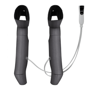 A pair of leg massagers with a remote control, designed for massage and compression therapy. They feature tubing for air pressure adjustment and are likely used for relaxation or improving circulation.