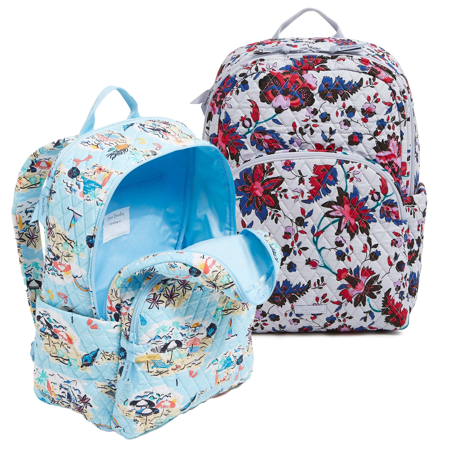 Two backpacks with floral patterns; one in light blue with various nature scenes, the other in white with red and blue flowers.