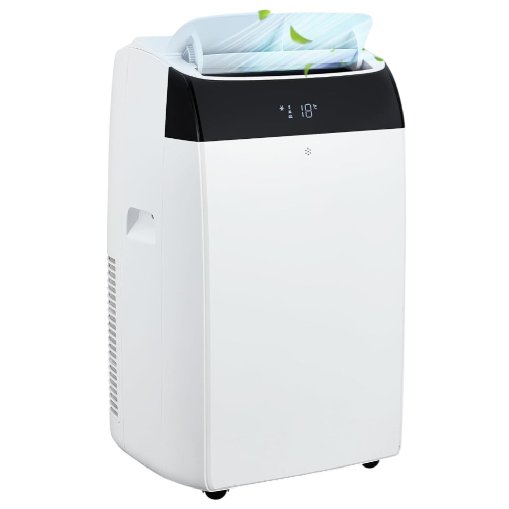 A portable air conditioner unit with digital display showing 18°C, accompanied by a remote control featuring various function buttons.
