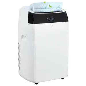 A portable air conditioner unit with digital display showing 18°C, accompanied by a remote control featuring various function buttons.