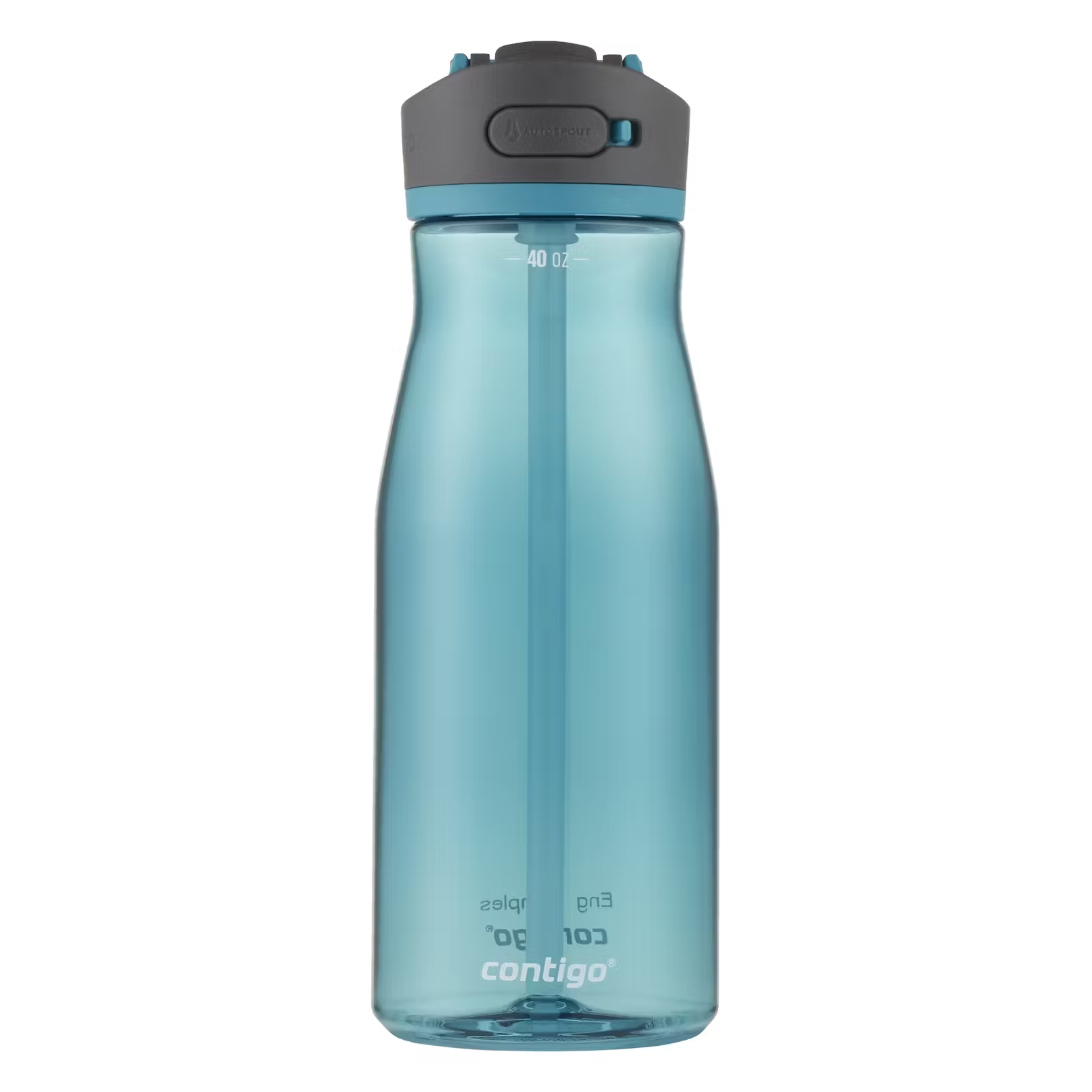 Turquoise Contigo water bottle with a straw and a dark gray lid, marked with a 40 oz measurement.