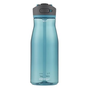 Turquoise Contigo water bottle with a straw and a dark gray lid, marked with a 40 oz measurement.
