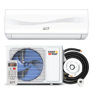 Costway split air conditioner system from the Blast Series includes a wall-mounted indoor unit, an outdoor compressor unit, a remote control, and connection hoses.