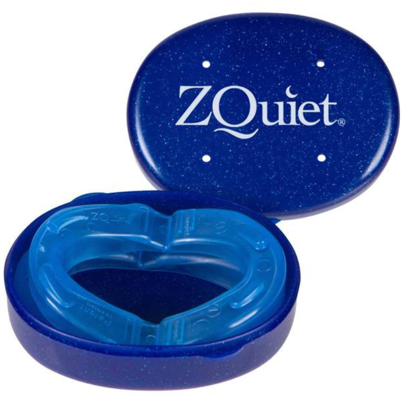 ZQuiet Anti-Snoring Mouthpiece is a blue dental device designed to reduce snoring by repositioning the lower jaw. It comes in a blue storage case with the brand name on the lid.
