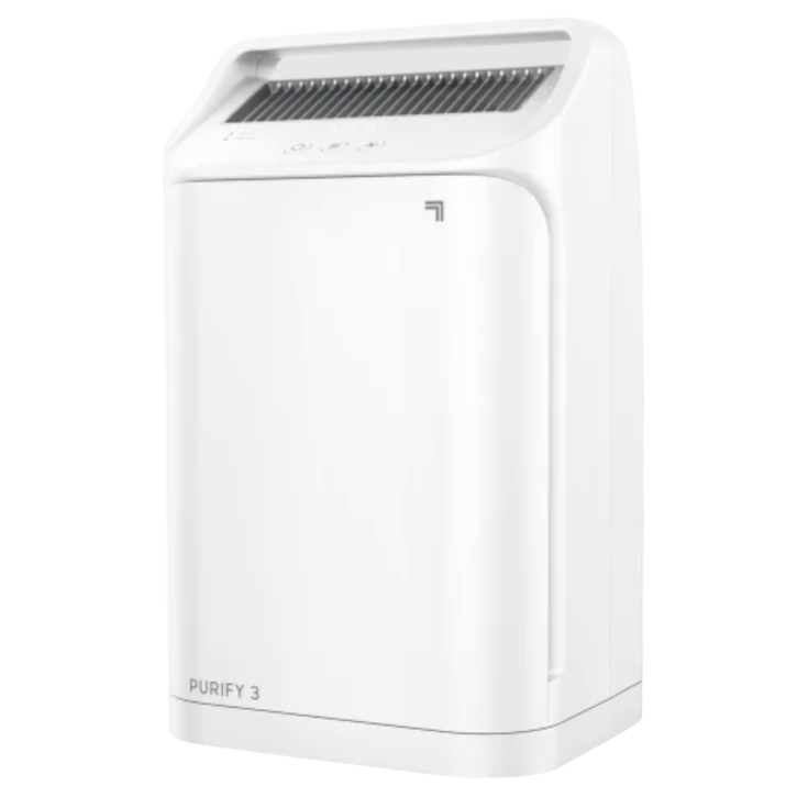 A white air purifier labeled \“PURIFY 3\“ with a sleek design featuring a louvered top panel and minimalistic control buttons.