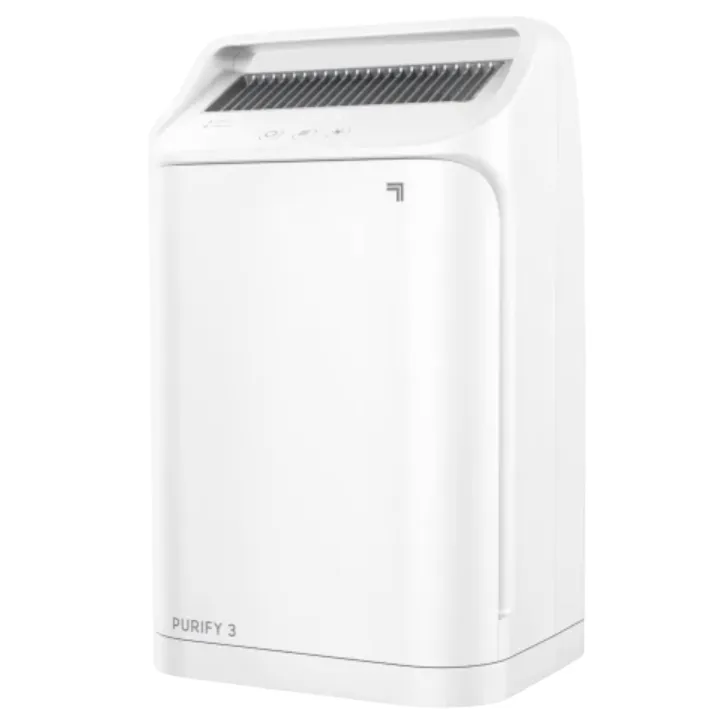 A white air purifier labeled \“PURIFY 3\“ with a sleek design featuring a louvered top panel and minimalistic control buttons.