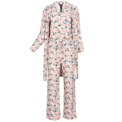 A matching floral pajama set with long sleeves and pants, featuring a light background and pink floral pattern, includes a robe, top, and trousers.