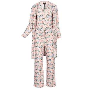 A matching floral pajama set with long sleeves and pants, featuring a light background and pink floral pattern, includes a robe, top, and trousers.