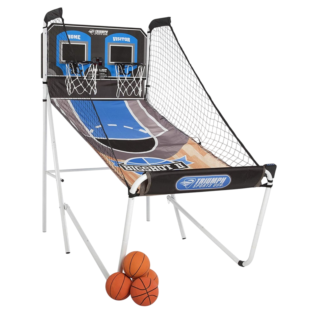 Indoor basketball arcade game with two hoops, digital scoring, and return netting. Comes with three basketballs.