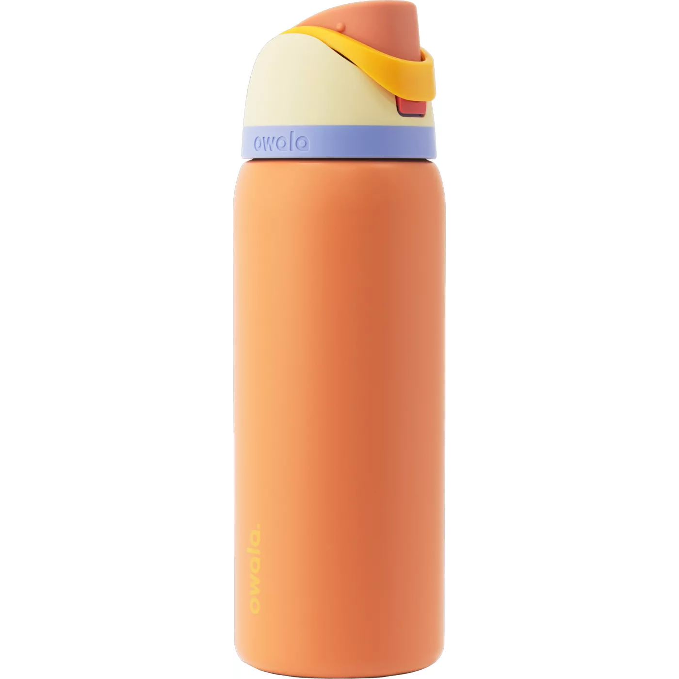 An orange water bottle with a multicolored cap including light purple, cream, and yellow, featuring the brand name \“owala\“ on the side.