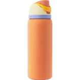 An orange water bottle with a multicolored cap including light purple, cream, and yellow, featuring the brand name \“owala\“ on the side.