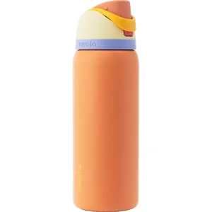 An orange water bottle with a multicolored cap including light purple, cream, and yellow, featuring the brand name \“owala\“ on the side.