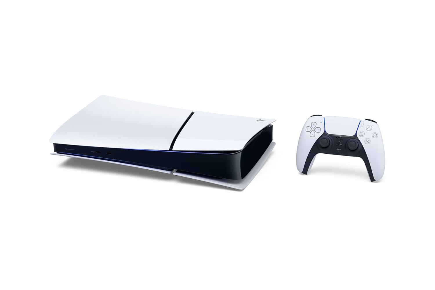 A white and black gaming console with a matching wireless controller.