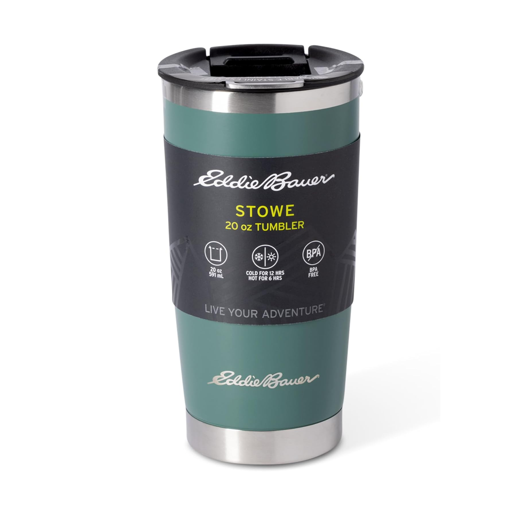 Eddie Bauer Stowe 20 oz tumbler, BPA-free, keeps drinks cold for 12 hours or hot for 6 hours. Features a stainless steel design.