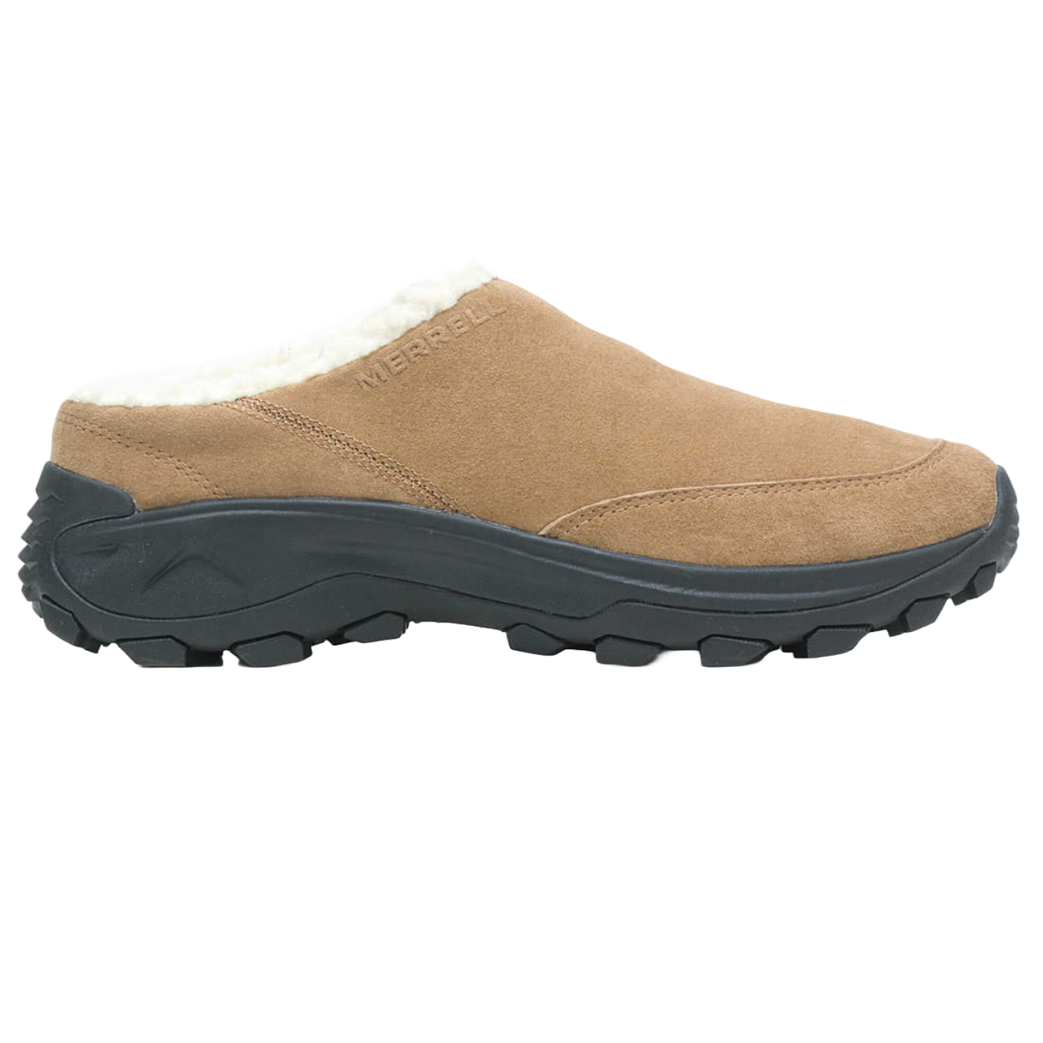 Merrell clog-style shoe with a brown suede upper, black rubber sole, and white fleece lining.