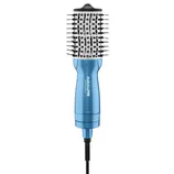 A blue BaBylissPRO Nano Titanium rotating hot air brush with a cylindrical design, featuring bristles and a power cord.