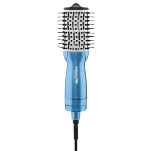 A blue BaBylissPRO Nano Titanium rotating hot air brush with a cylindrical design, featuring bristles and a power cord.