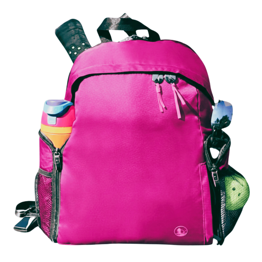 A pink backpack with a racquet handle, a colorful water bottle, sunglasses, and tennis balls in side pockets.