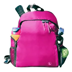 A pink backpack with a racquet handle, a colorful water bottle, sunglasses, and tennis balls in side pockets.