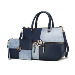 Two-tone blue handbags with gold accents, including a larger tote and a smaller wristlet-style purse, featuring matching circular logo emblems.