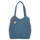 Blue quilted handbag with dual shoulder straps and a gold medallion charm attached.