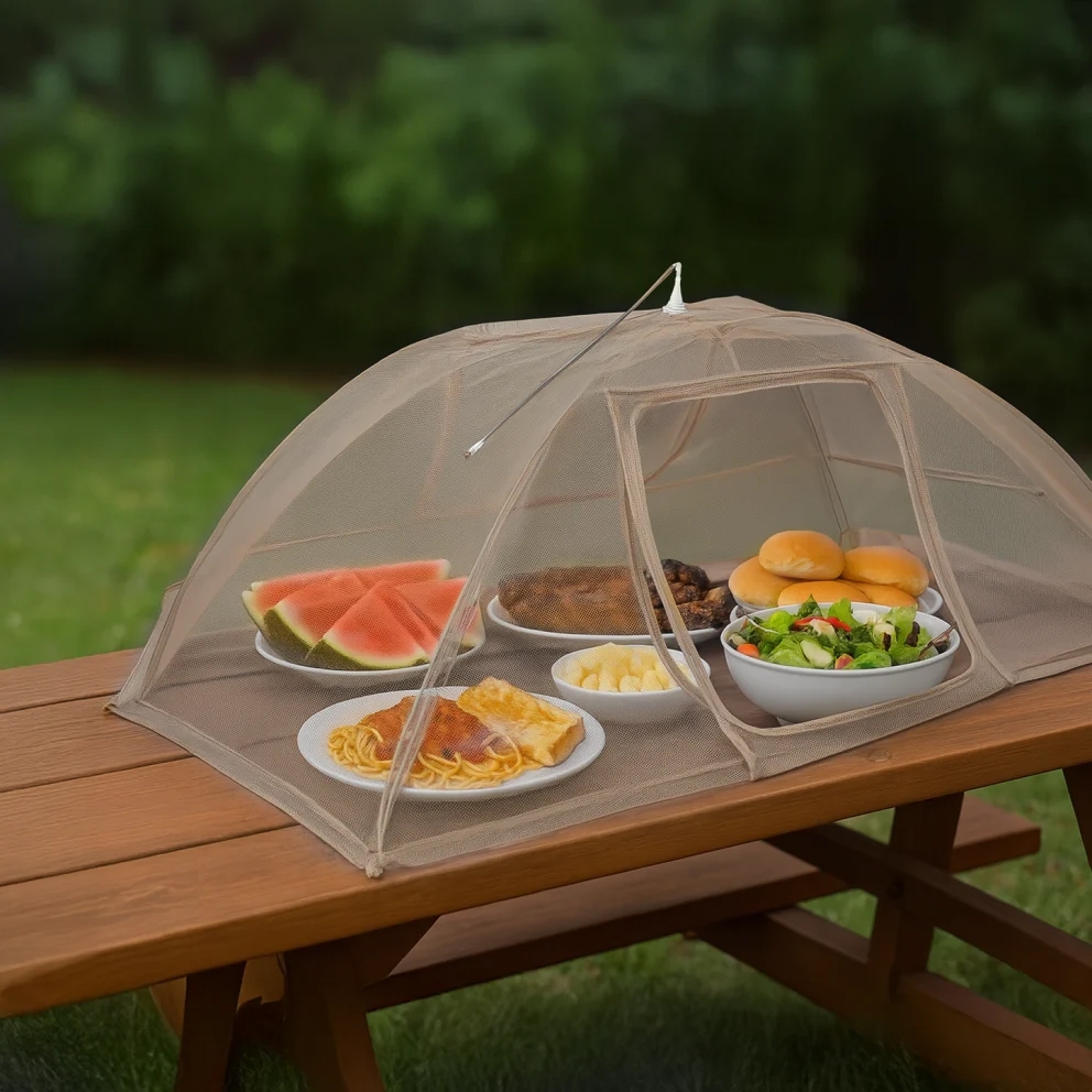 A mesh food cover tent shields various dishes on a picnic table, including watermelon, salad, burgers, grilled meat, spaghetti, and fries, from flies and debris.