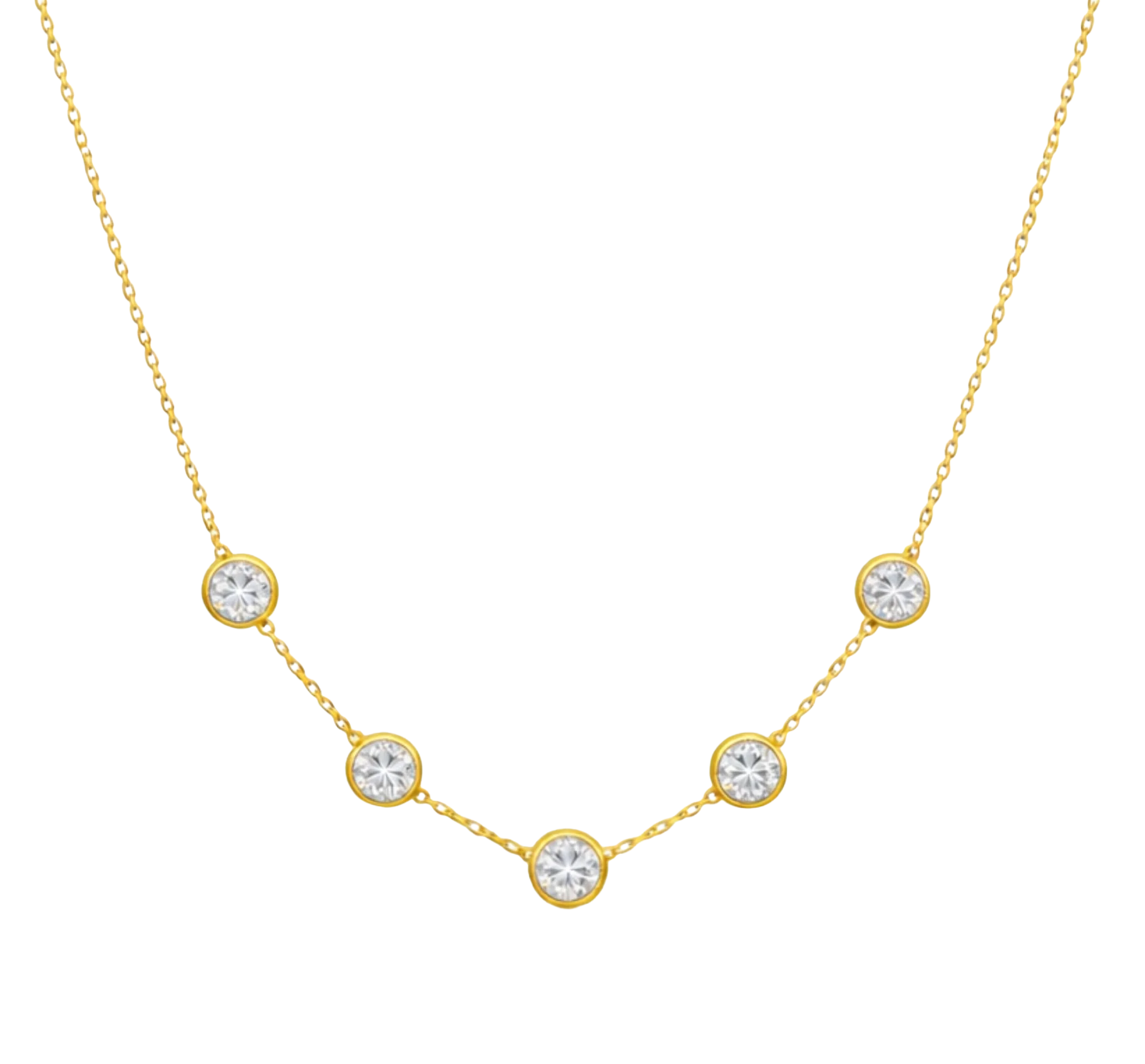 A gold chain necklace featuring five evenly spaced, bezel-set round clear gemstones.