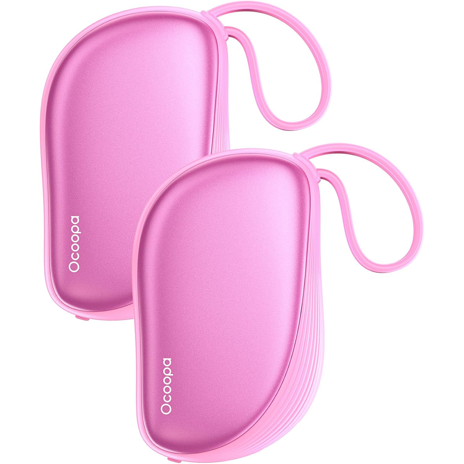 A pair of pink Ocoopa rechargeable hand warmers with a smooth design and attached carrying loops.