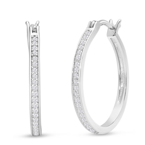 A pair of thin, silver hoop earrings encrusted with small diamonds, featuring a sleek and elegant design.