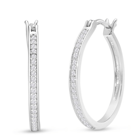 A pair of thin, silver hoop earrings encrusted with small diamonds, featuring a sleek and elegant design.