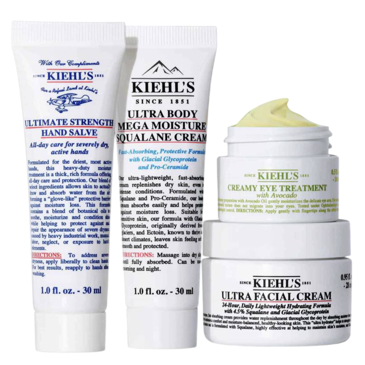 Kiehl's products: Ultimate Strength Hand Salve, Ultra Body Mega Moisture Squalane Cream (both 1.0 fl. oz.), Creamy Eye Treatment with Avocado (0.5 fl. oz.), and Ultra Facial Cream (0.95 fl. oz.).