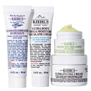 Kiehl's products: Ultimate Strength Hand Salve, Ultra Body Mega Moisture Squalane Cream (both 1.0 fl. oz.), Creamy Eye Treatment with Avocado (0.5 fl. oz.), and Ultra Facial Cream (0.95 fl. oz.).