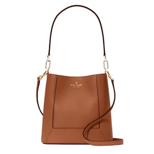 Brown leather shoulder bag with a gold-tone logo and hardware.