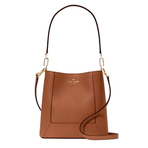 Brown leather shoulder bag with a gold-tone logo and hardware.