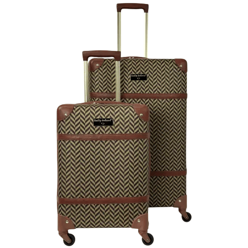 Two pieces of patterned luggage featuring brown trim, gold handles, and four wheels each for easy maneuvering.