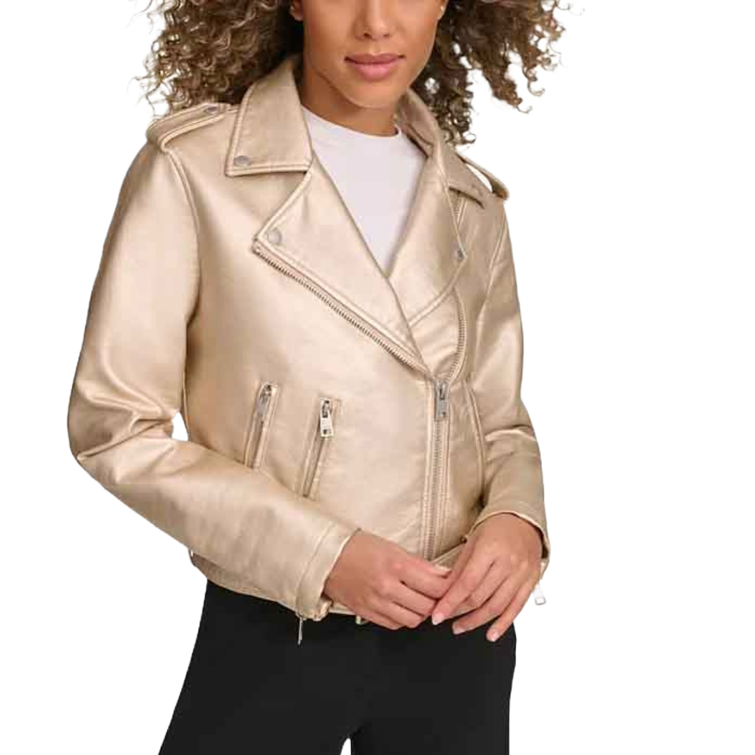 Levi's Faux-Leather Belted Moto Jacket features a metallic finish, zip pockets, and a classic biker design.