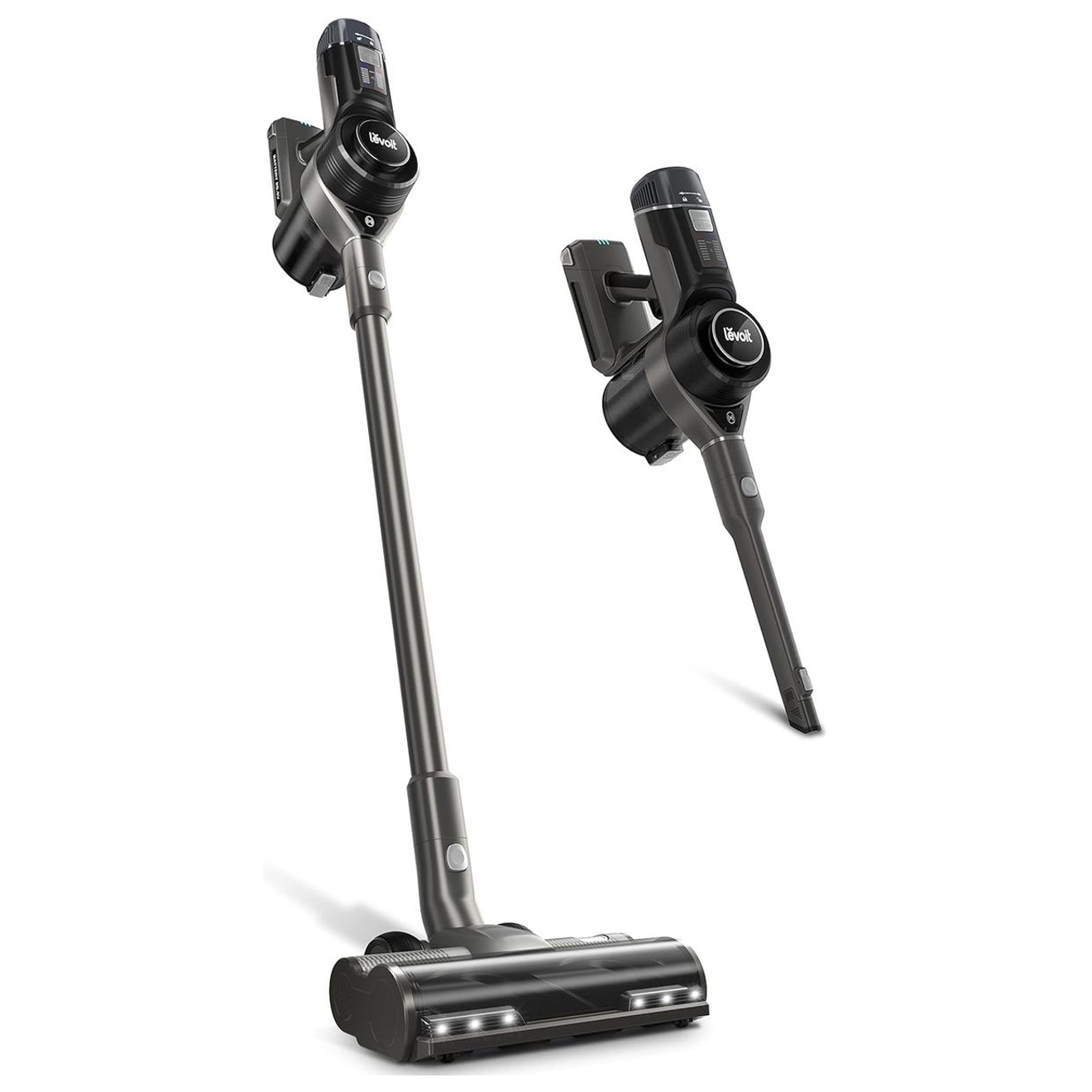 Two cordless stick vacuum cleaners, one upright and the other folded for handheld use.