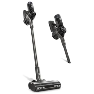 Two cordless stick vacuum cleaners, one upright and the other folded for handheld use.